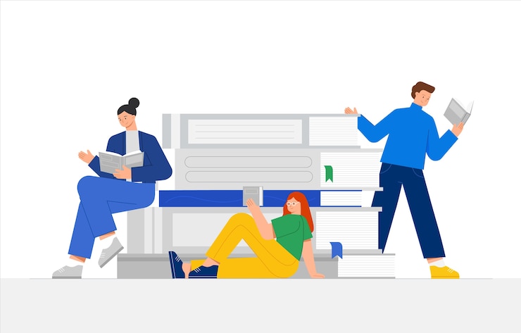 Vector  flat modern illustration of a male and female character reading on a huge pile of books.