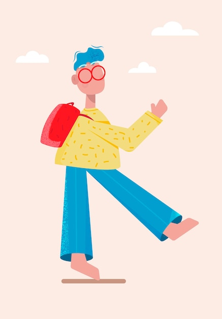 Flat modern Illustration with a moving boy in glasses, with a backpack. Can be used as a postcard, p