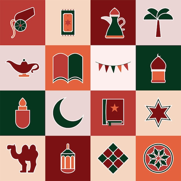 Flat modern Islamic holiday icon and sticker set for Eid or Ramadan mubarak