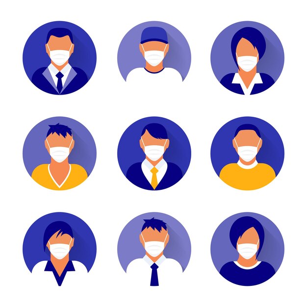 Плоские современные минимальные значки аватаров с медицинской маской бизнес-концепция глобальный коммуникационный веб-сайт