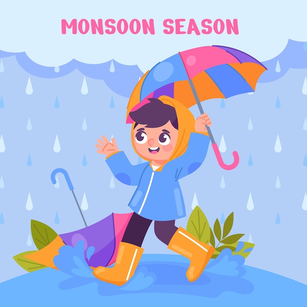 Vector flat monsoon season illustration with boy under umbrella