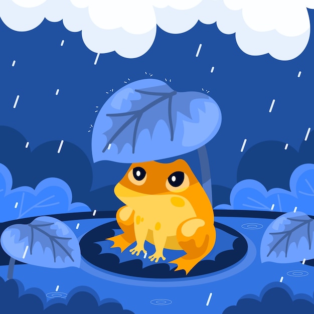 Vettore illustrazione piatta della stagione dei monsoni con la rana sotto la foglia sotto la pioggia