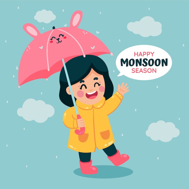 flat monsoon season illustration with girl under cute umbrella