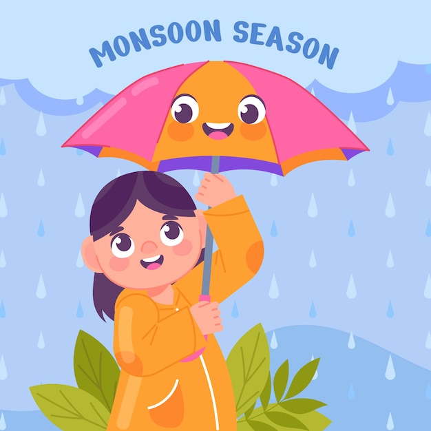 Vector flat monsoon season illustration with girl under smiley umbrella