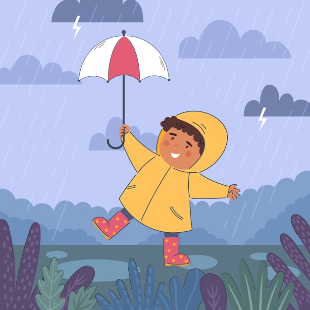 Vector flat monsoon season illustration with person holding umbrella in the rain