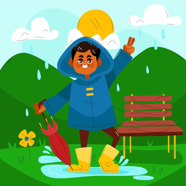 Vector flat monsoon season illustration with person showing peace sun with umbrella in the rain