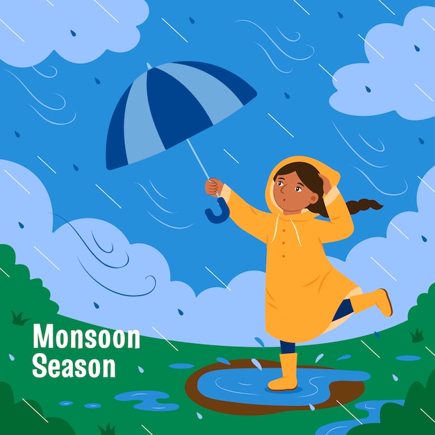 Flat monsoon season illustration with person with umbrella in the rain