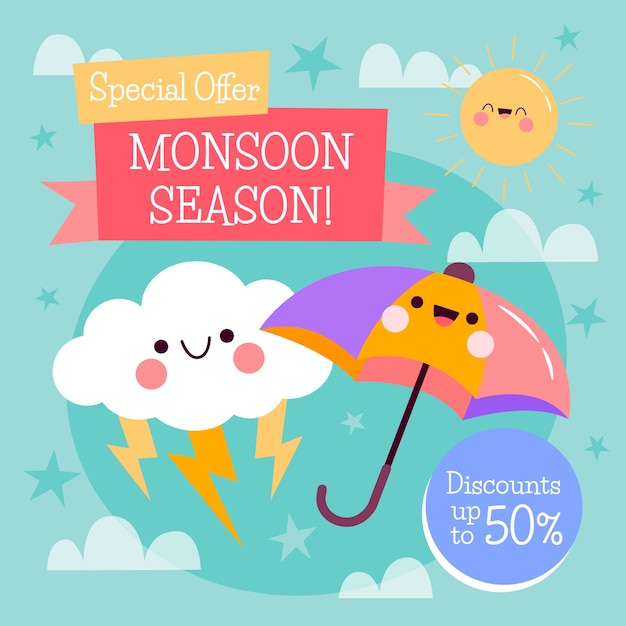 Vector flat monsoon season illustration with umbrella and cloud