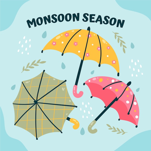 Flat monsoon season illustration with umbrellas