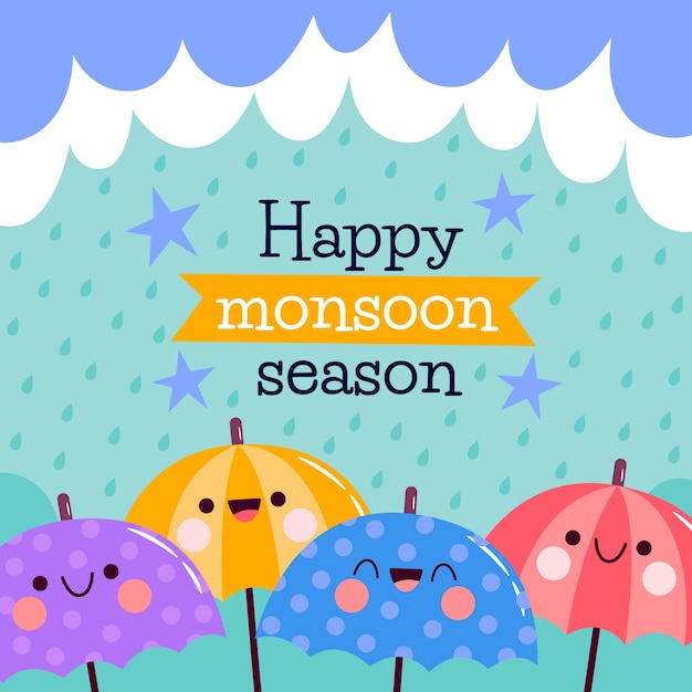 Vector flat monsoon season illustration with umbrellas