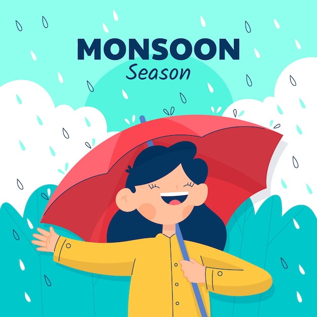 Vector flat monsoon season illustration with woman with umbrella in the rain