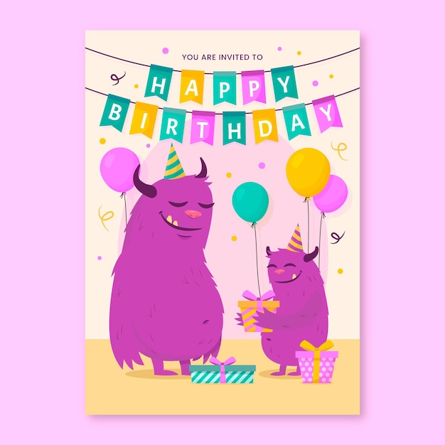 Vector flat monsters birthday invitation template