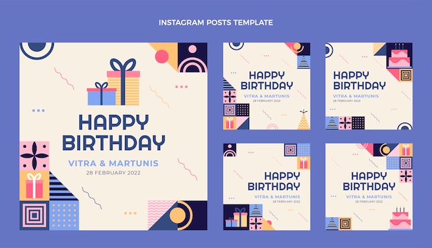 Vector flat mosaic birthday instagram posts collection
