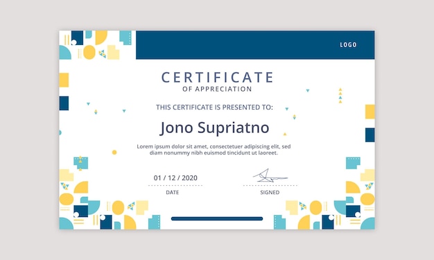 Flat mosaic certificate template blue and yellow