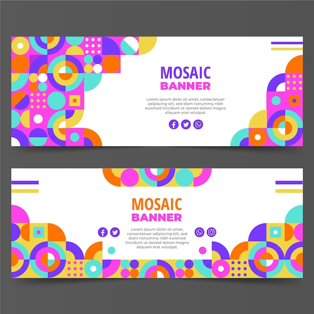 Flat mosaic horizontal banners set