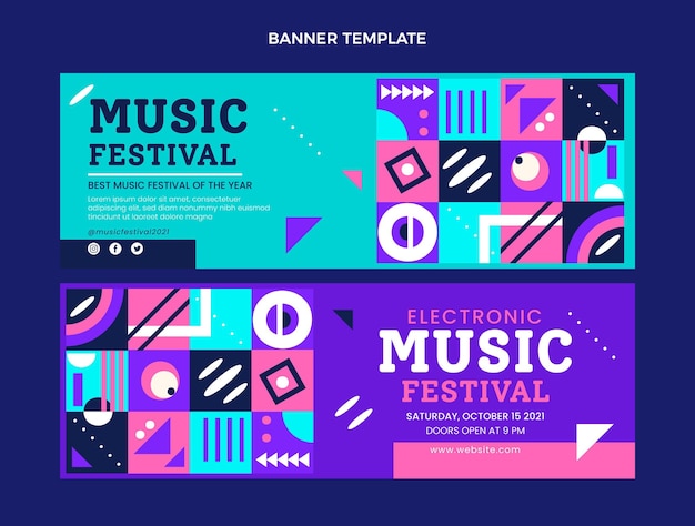 Flat mosaic music festival horizontal banners