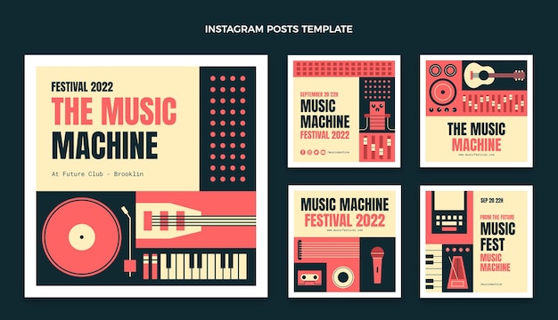 벡터 플랫 모자이크 뮤직 페스티벌 인스타그램 포스트