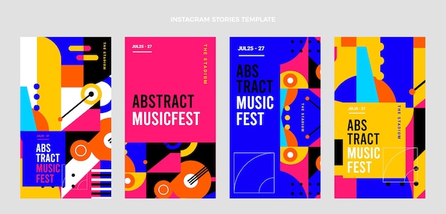 Vettore raccolta di storie di instagram del festival musicale a mosaico piatto