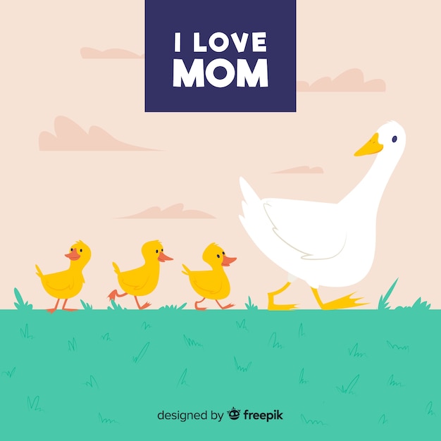 Vector flat mother duck and ducklings on grass