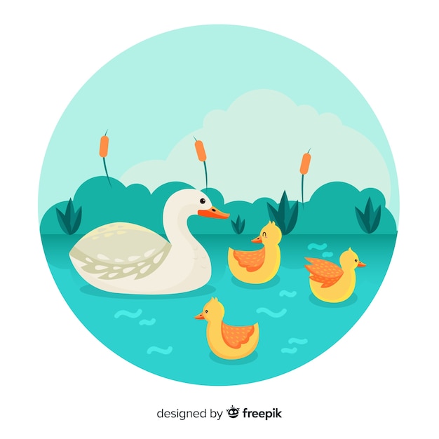 Vector flat mother duck and ducklings in a pond