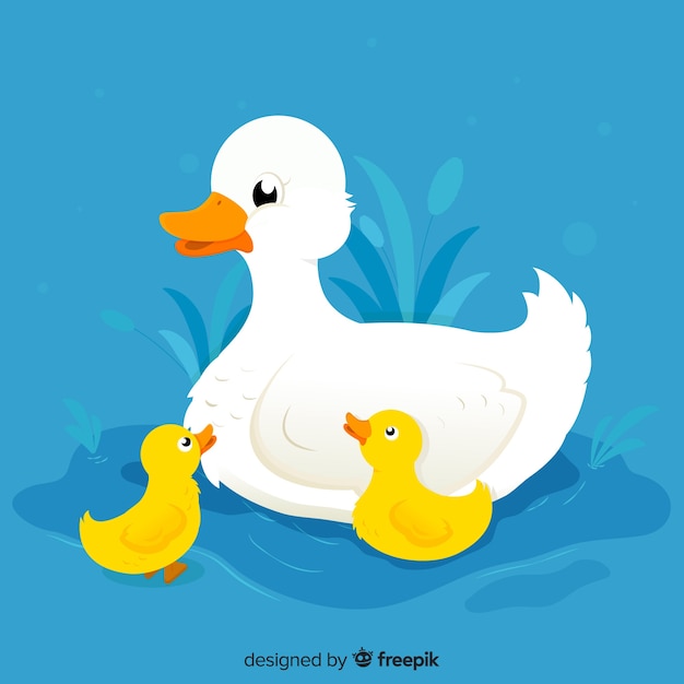 Flat mother duck and ducklings with blue background