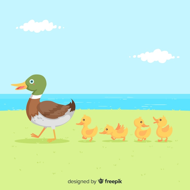 Vector flat mother duck and ducklings