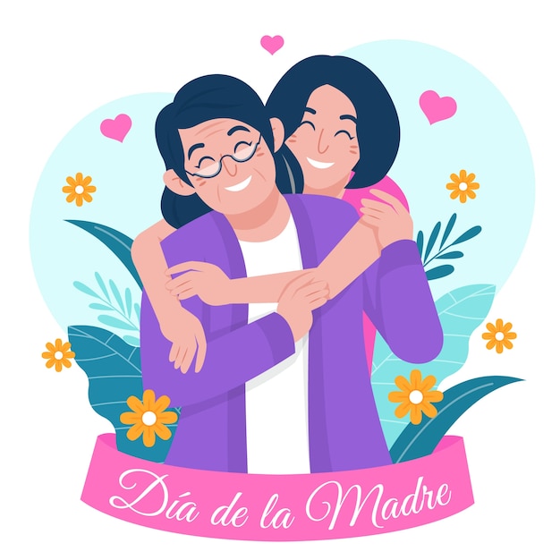 Flat mother's day illustration in spanish mother and daughter hugging