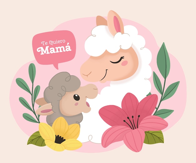 Плоская иллюстрация дня матери на испанском языке с овцами