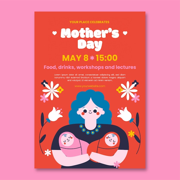 Modello di poster verticale per la festa della mamma piatto