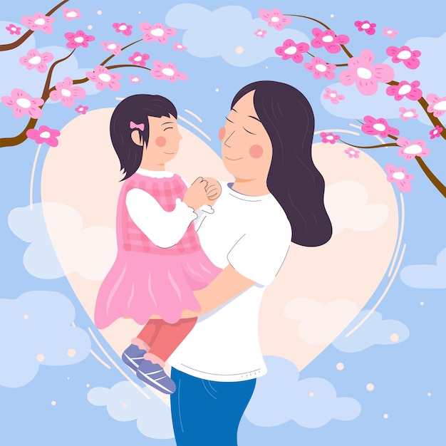 Vector flat mother's day with floral sakura and heart illustration vector