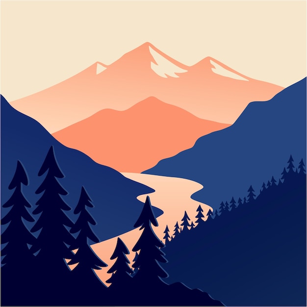 Vector flat mountain color landscape with forest
