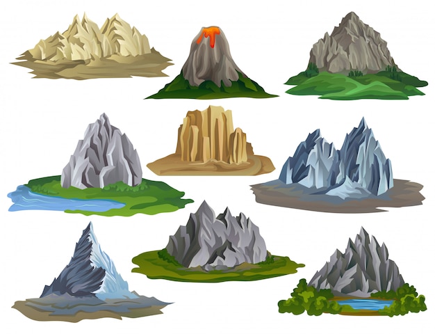 flat mountain and lake set  illustration isolated