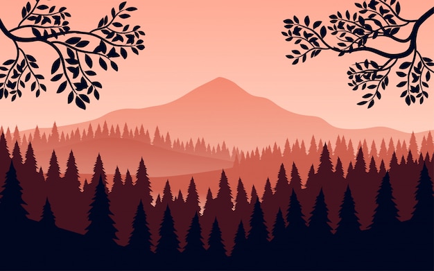 Vector flat mountain landscape with forest