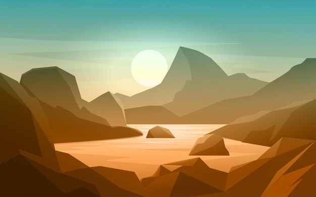 Vector flat mountain landscape with river and mountain