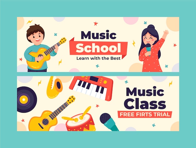 Vector flat music education and school horizontal banners set