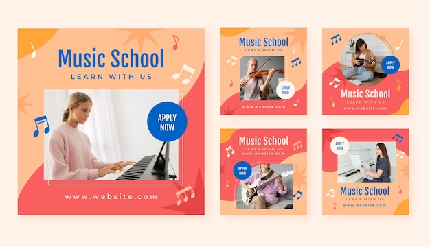 Vector flat music education and school instagram posts collection