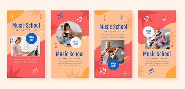 Flat music education and school instagram stories collection