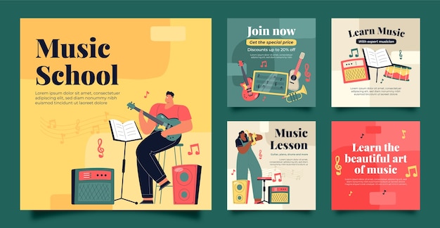 Vector flat music school classes and education instagram posts collection