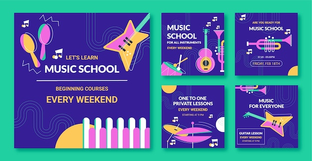 Flat music school classes and education instagram posts collection