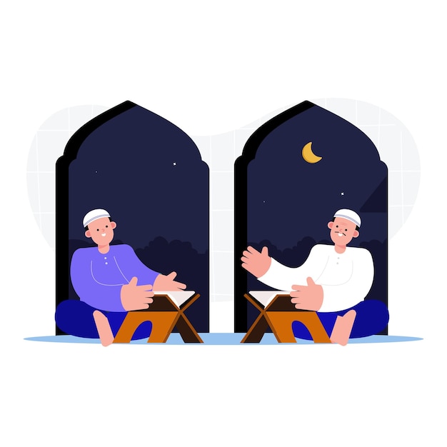 Vettore illustrazione di una coppia musulmana che legge il corano durante il ramadan