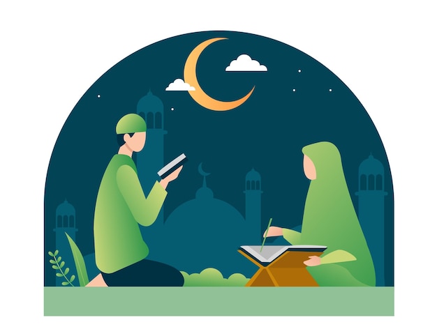 Flat muslim reading quran vector illustration