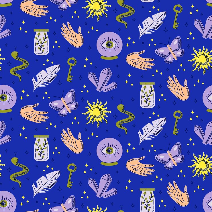 Vector flat mystical seamless pattern with linear decor