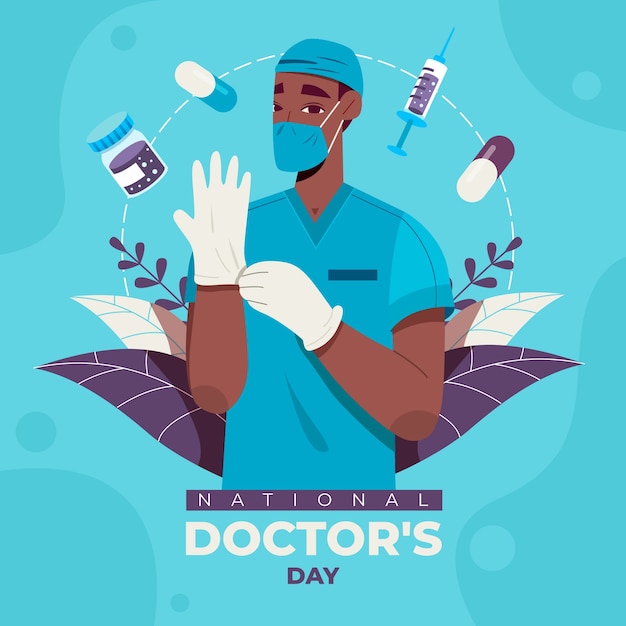 Vector flat national doctor's day illustration with medic putting on gloves