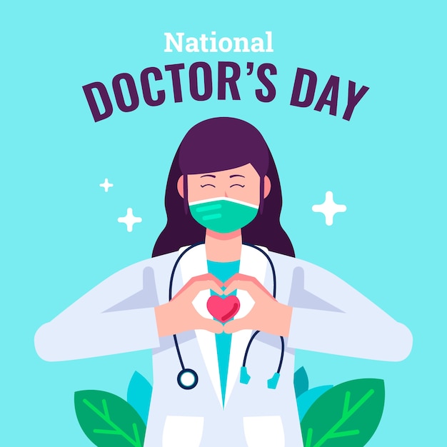 Vector flat national doctor's day illustration with medic showing hearts hands