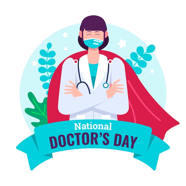 Vector flat national doctor's day illustration with medic wearing superhero cape