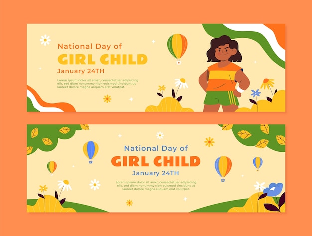 Vector flat national girl child day celebration horizontal banners set