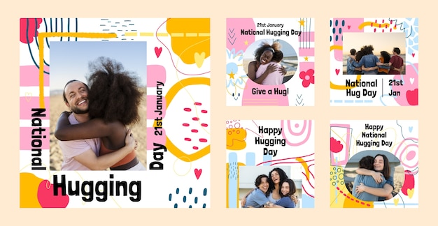 Flat national hugging day instagram posts collection