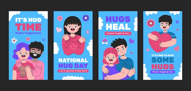 Vector flat national hugging day instagram stories collection