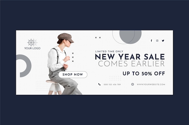 Flat new year horizontal sale banner template