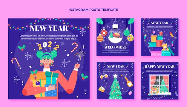 Flat new year instagram posts collection